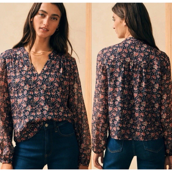 Faherty Silk Cotton Sage Wood Blouse Floral Red Blue Brown Fall Long Sleeve - Picture 1 of 8